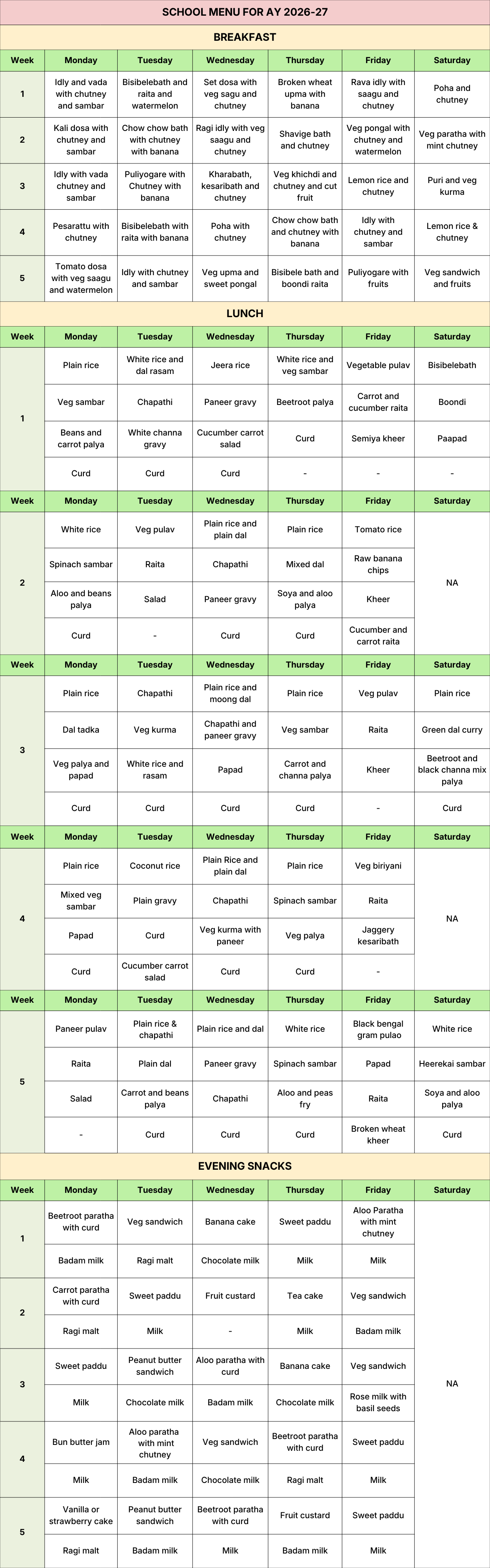 School Meal Menu